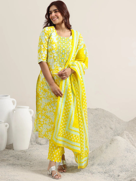 Yellow Printed Cotton Straight Suit With Dupatta