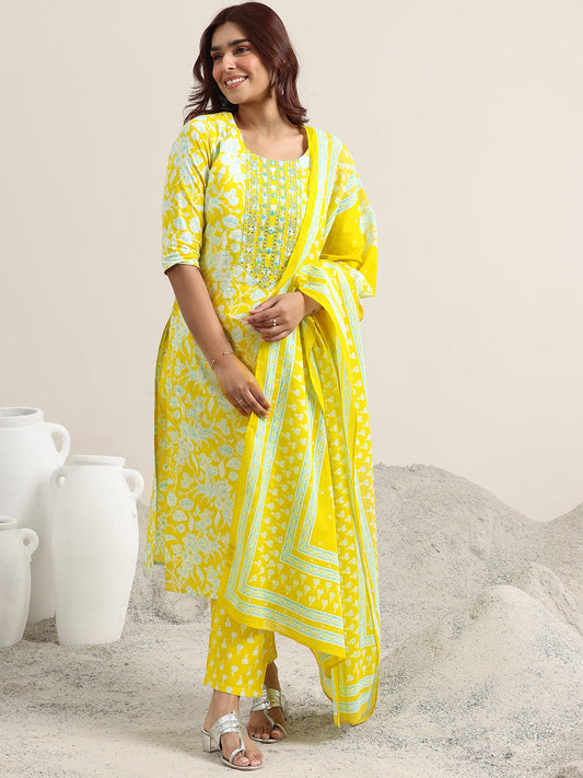 Yellow Printed Cotton Straight Suit With Dupatta
