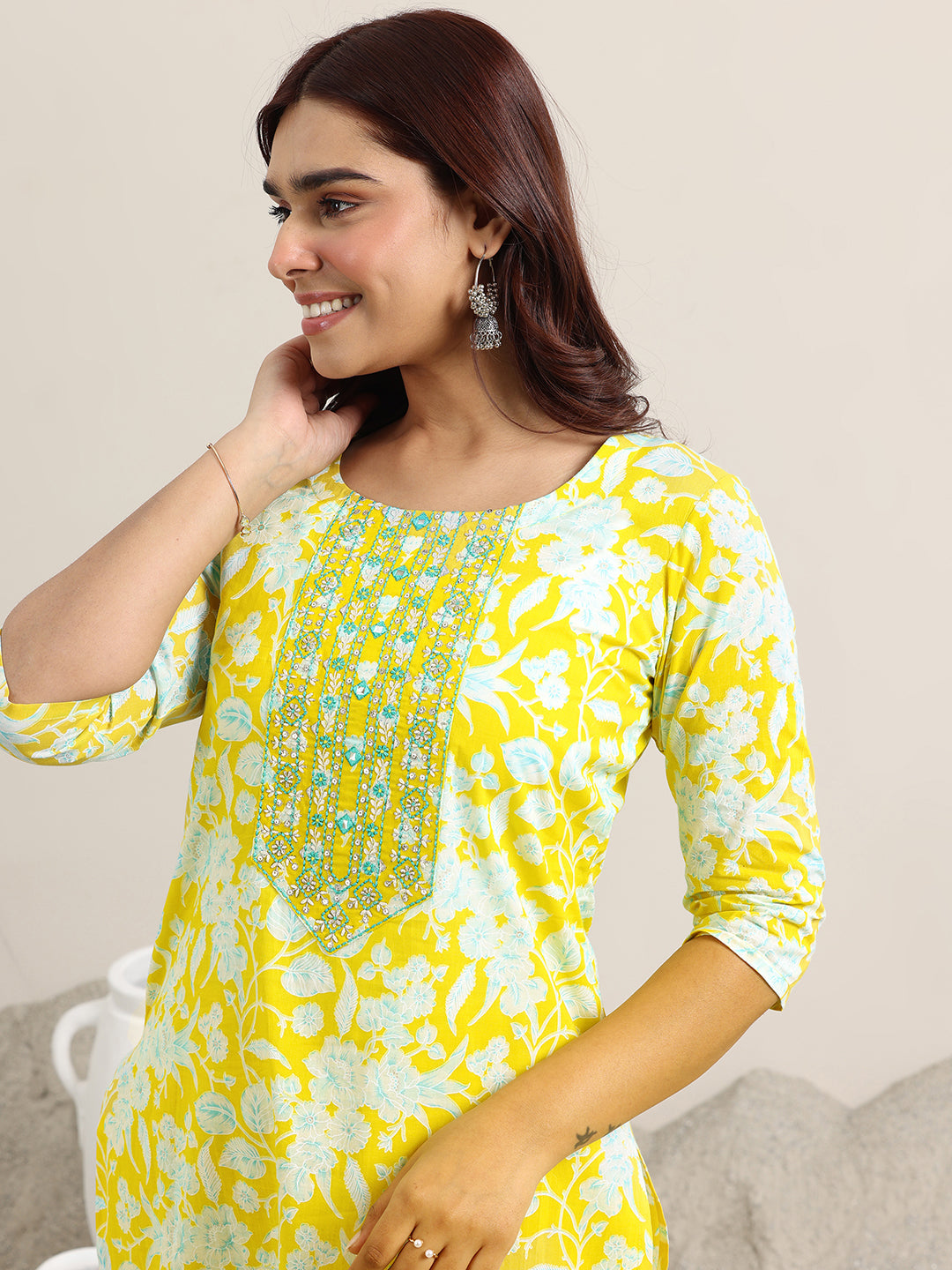 Yellow Printed Cotton Straight Suit With Dupatta