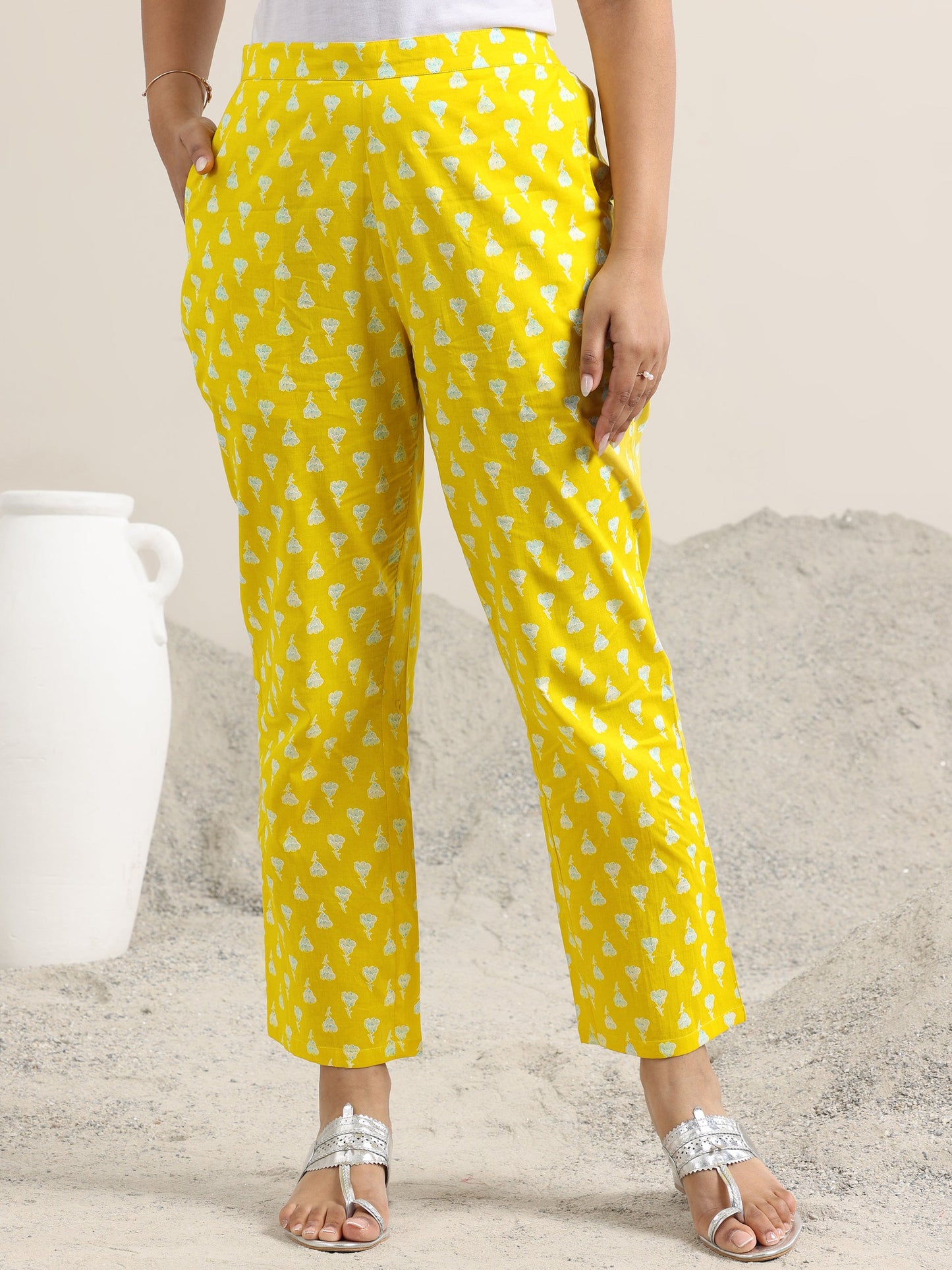 Yellow Printed Cotton Straight Suit With Dupatta