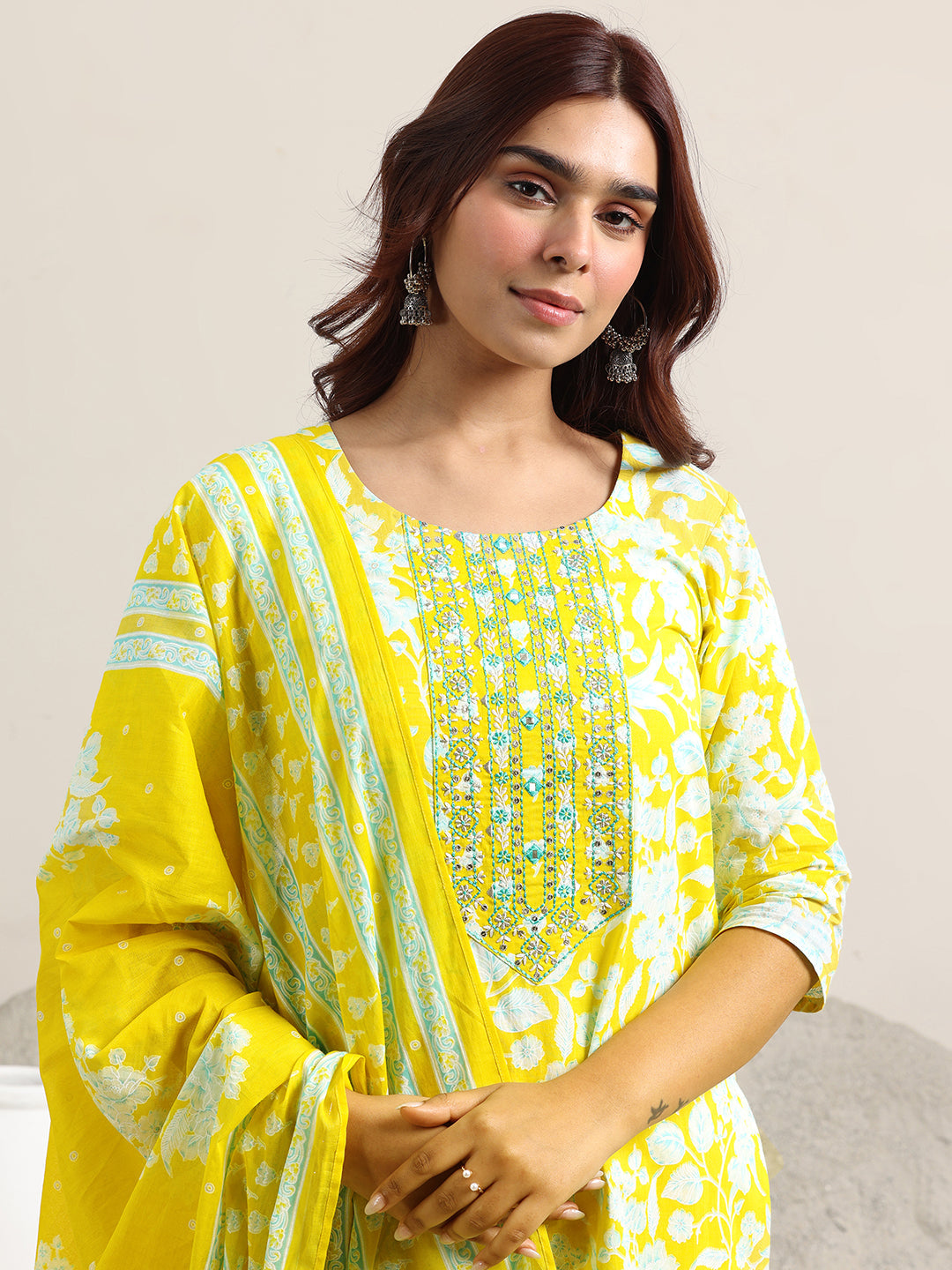Yellow Printed Cotton Straight Suit With Dupatta