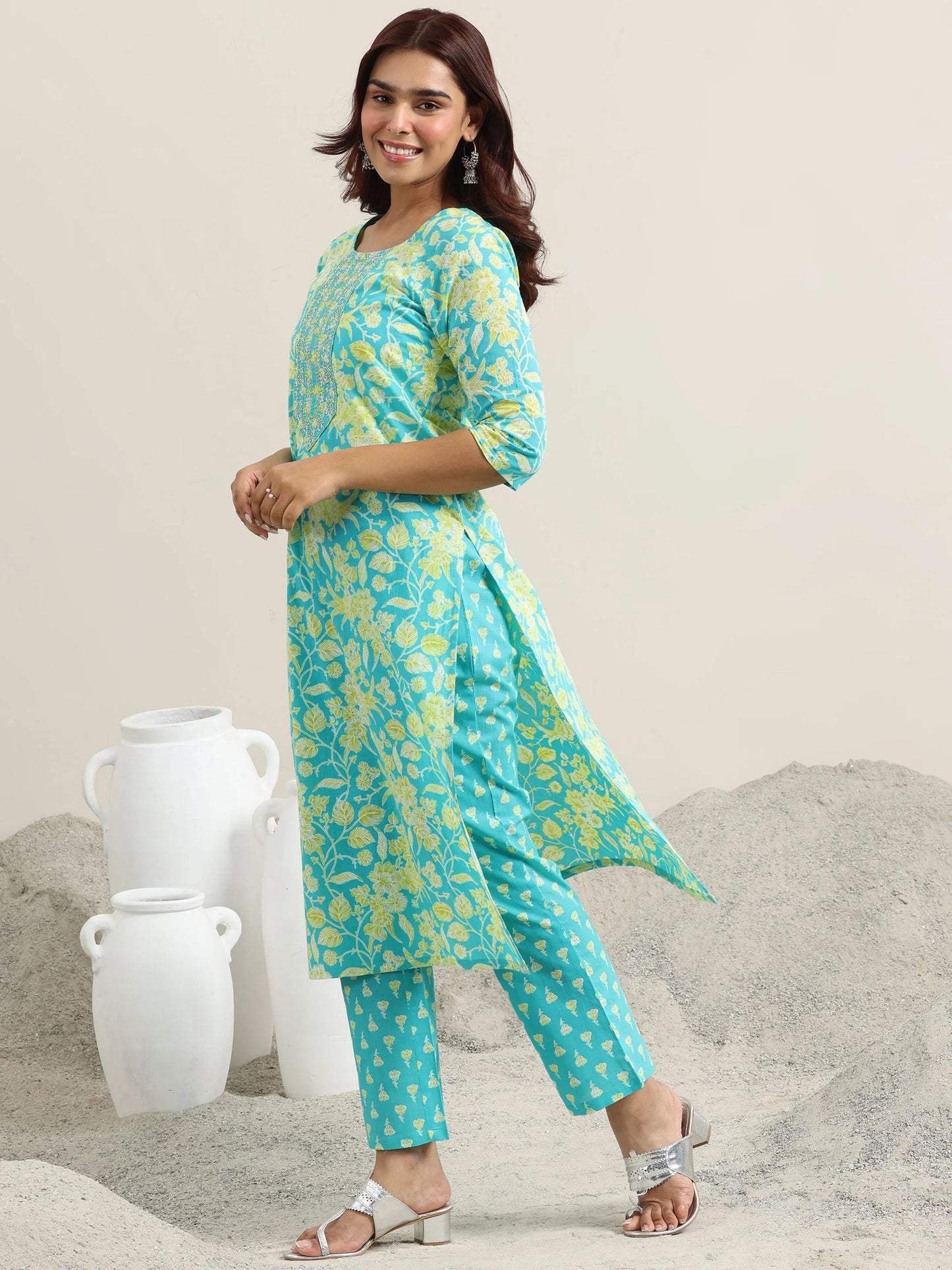Blue Printed Cotton Straight Suit With Dupatta