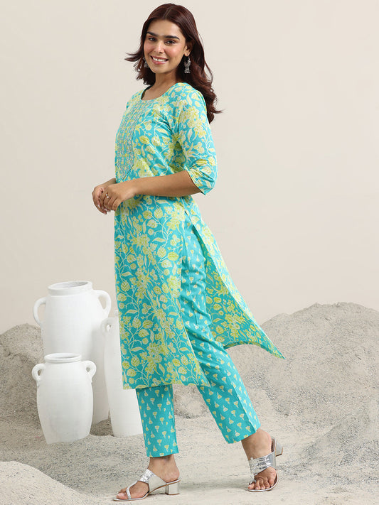 Blue Printed Cotton Straight Suit With Dupatta