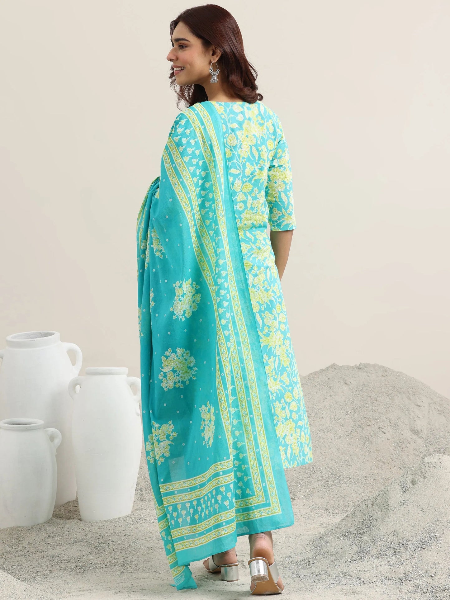 Blue Printed Cotton Straight Suit With Dupatta