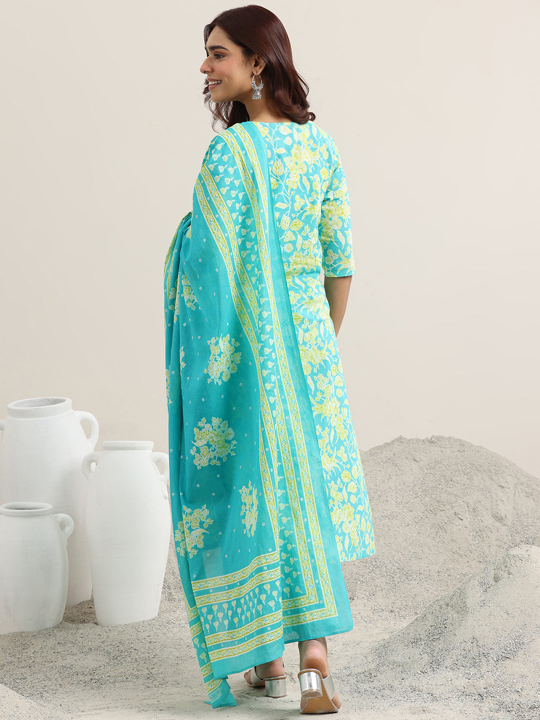 Blue Printed Cotton Straight Suit With Dupatta