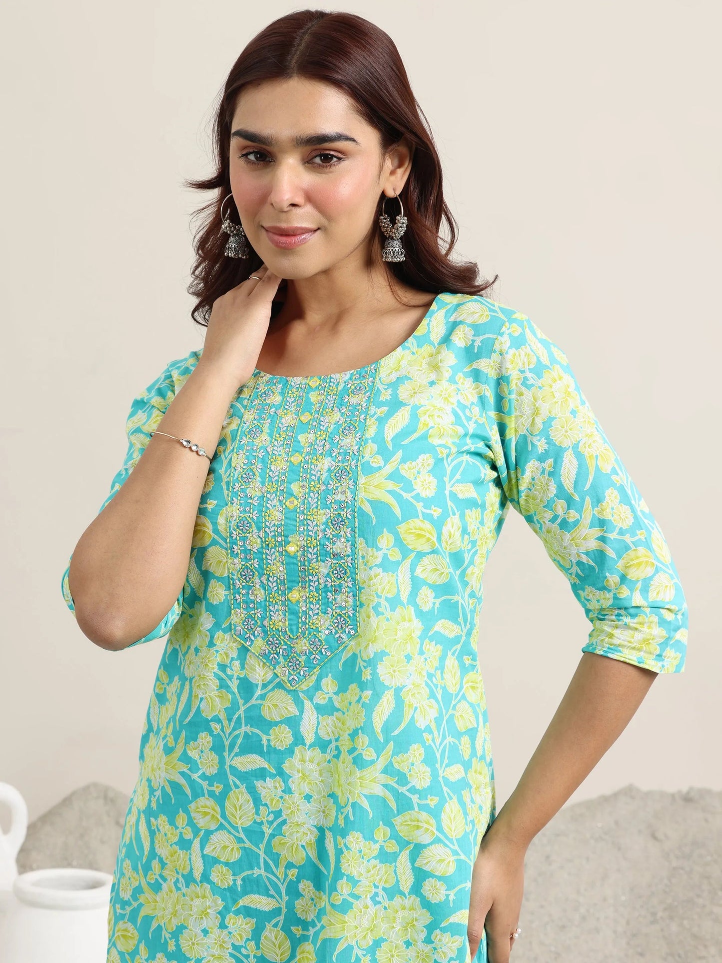 Blue Printed Cotton Straight Suit With Dupatta