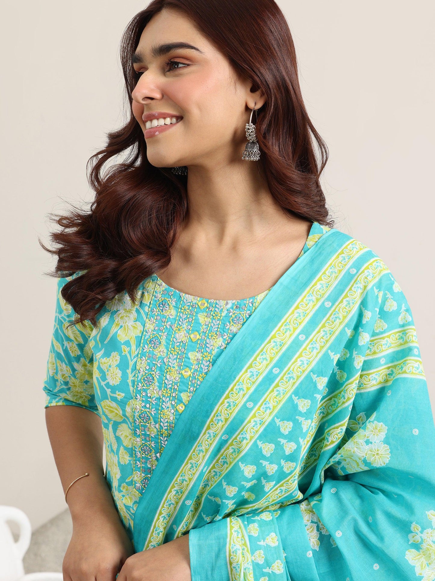 Blue Printed Cotton Straight Suit With Dupatta