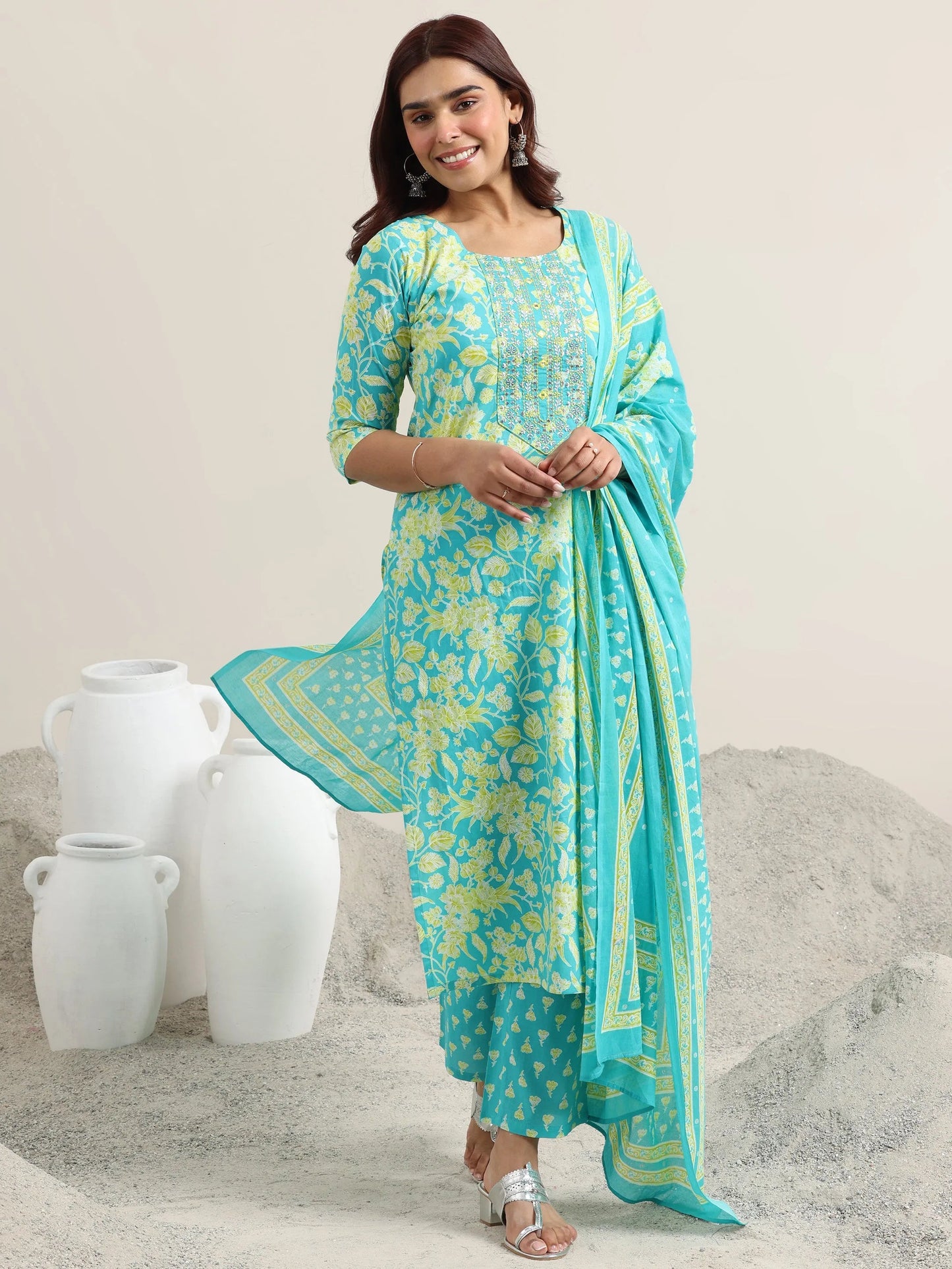 Blue Printed Cotton Straight Suit With Dupatta