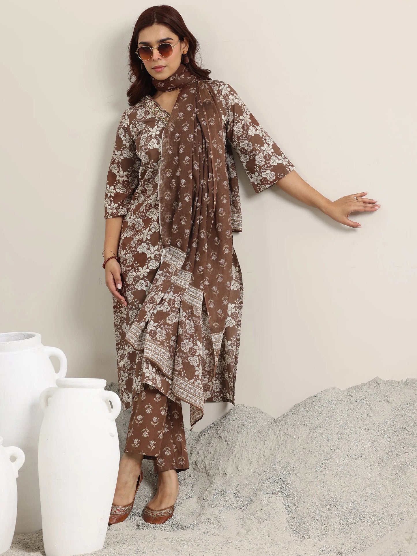 Brown Printed Cotton Straight Suit With Dupatta