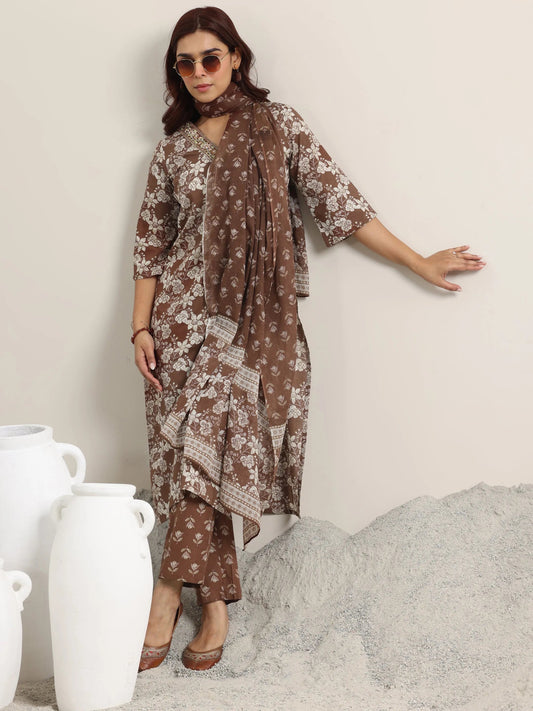 Brown Printed Cotton Straight Suit With Dupatta