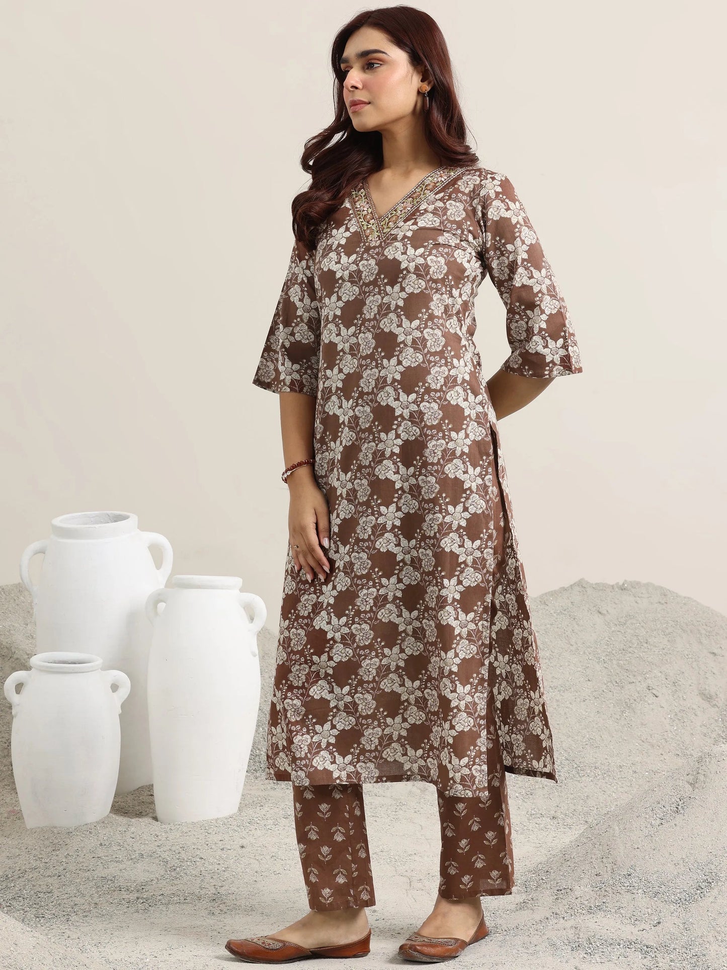 Brown Printed Cotton Straight Suit With Dupatta