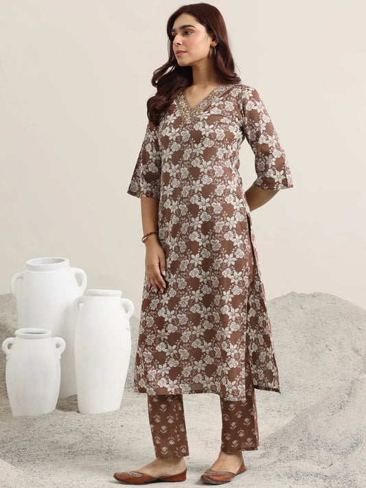 Brown Printed Cotton Straight Suit With Dupatta