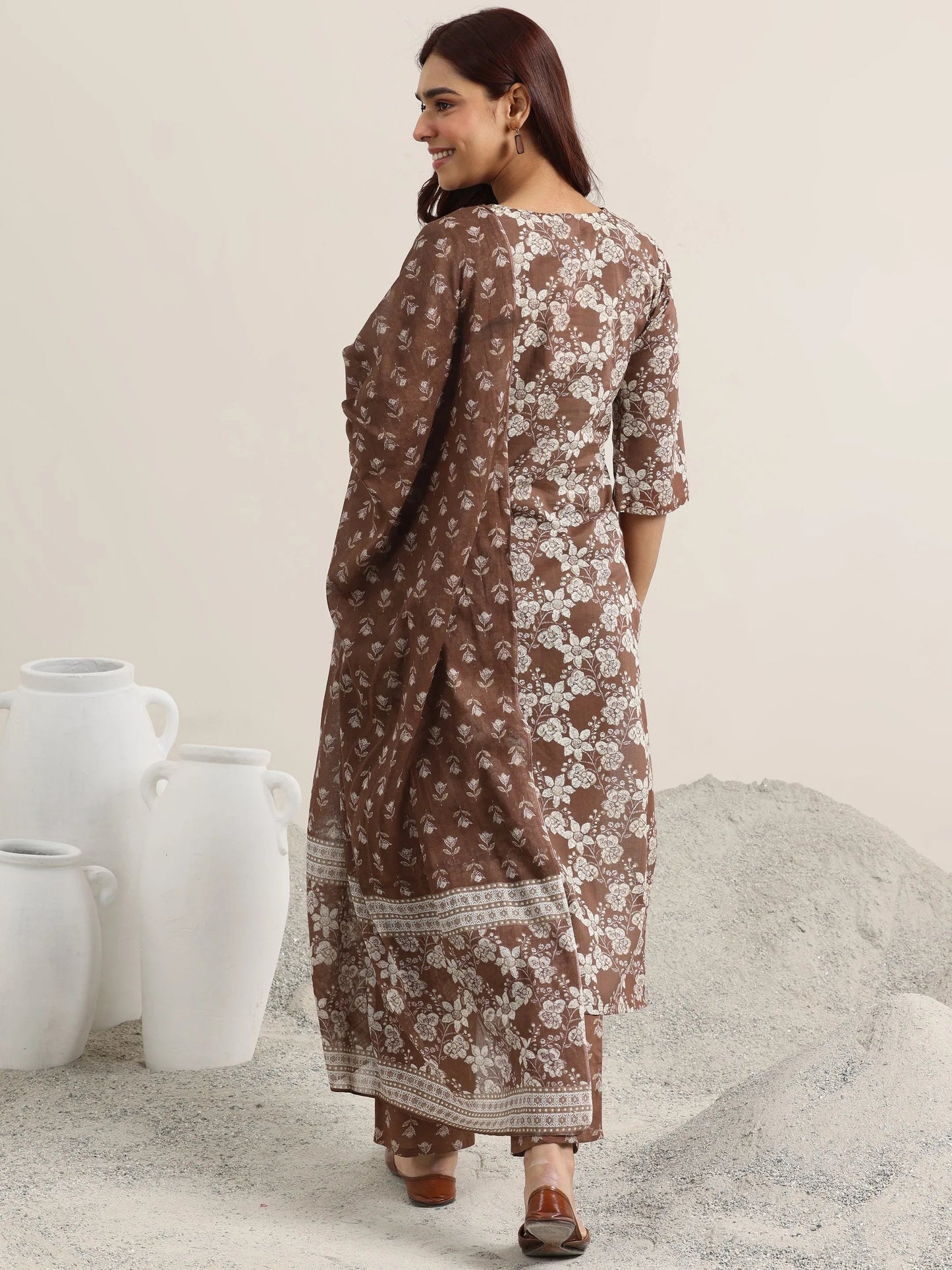 Brown Printed Cotton Straight Suit With Dupatta