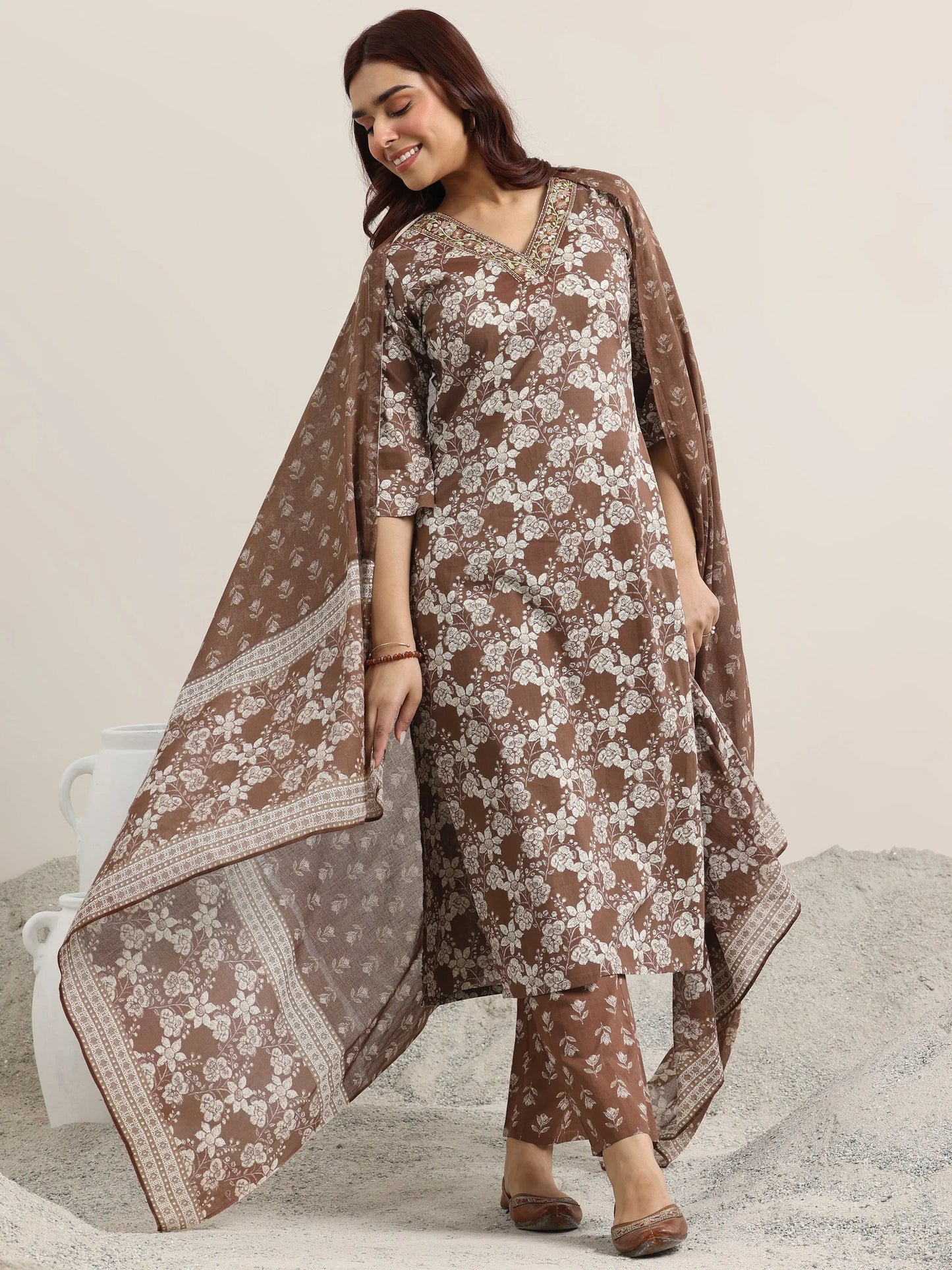 Brown Printed Cotton Straight Suit With Dupatta