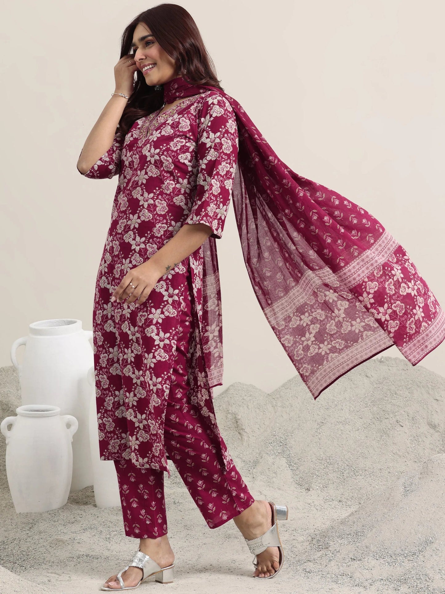 Burgundy Printed Cotton Straight Suit With Dupatta