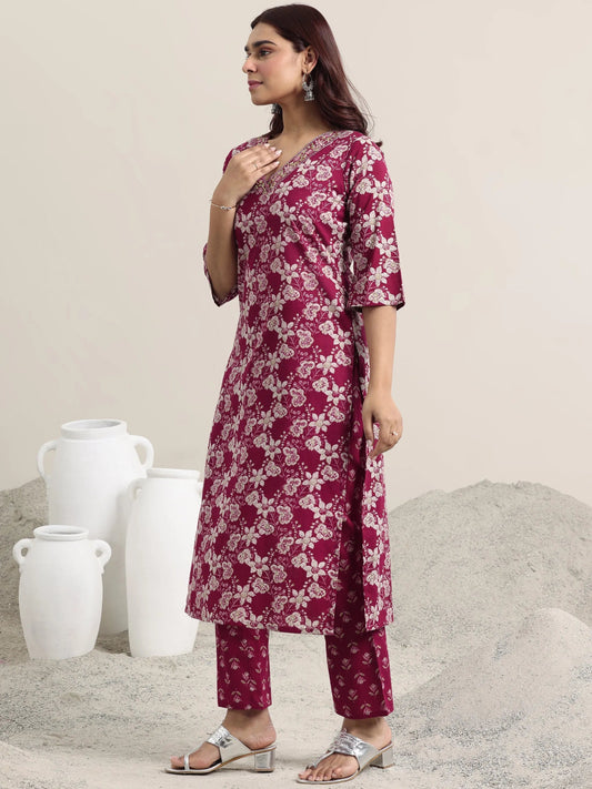Burgundy Printed Cotton Straight Suit With Dupatta