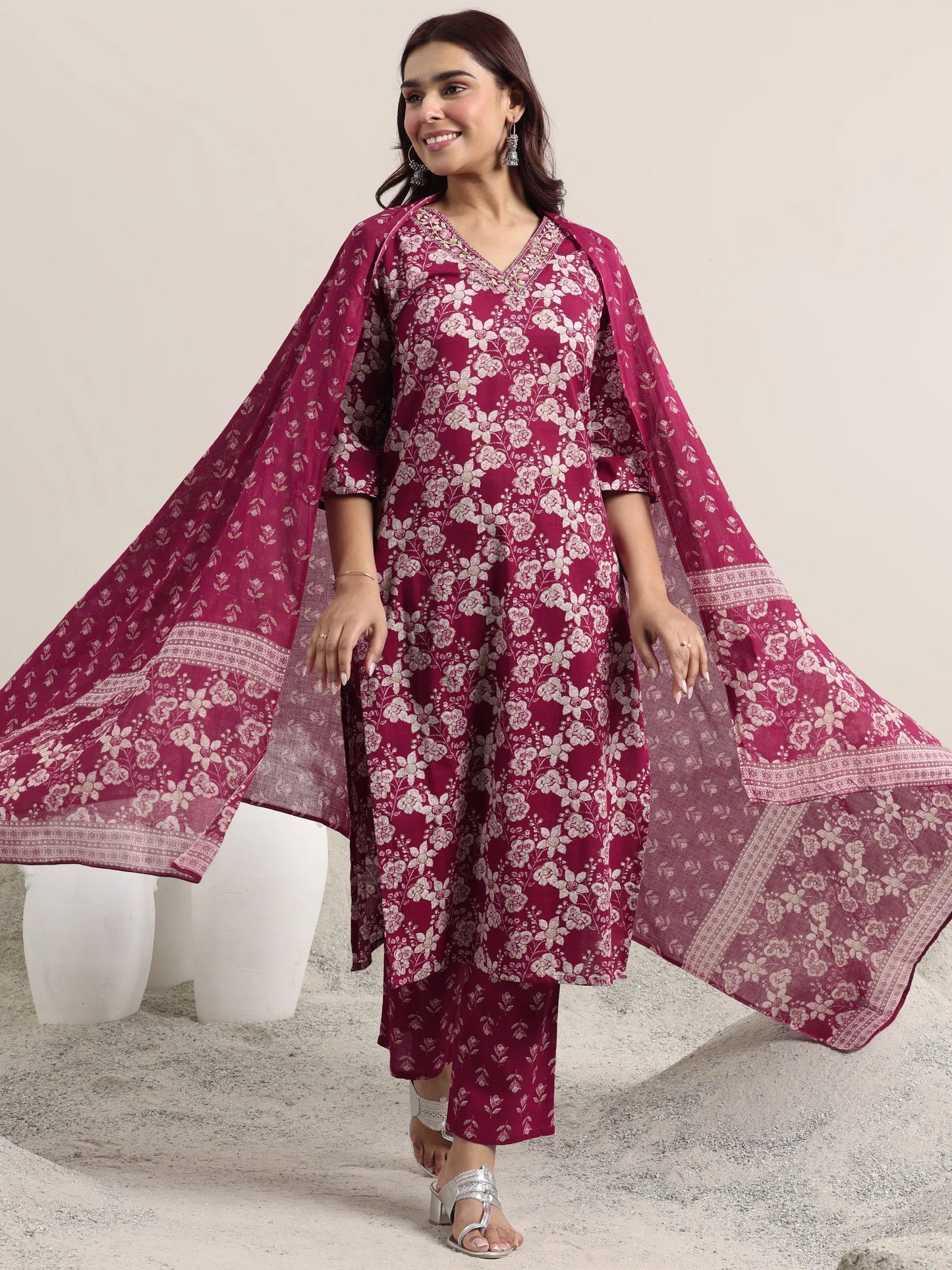 Burgundy Printed Cotton Straight Suit With Dupatta