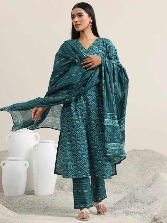 Teal Printed Cotton Straight Suit With Dupatta