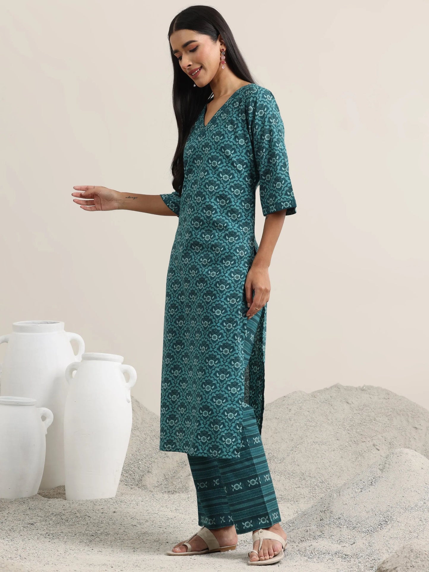 Teal Printed Cotton Straight Suit With Dupatta