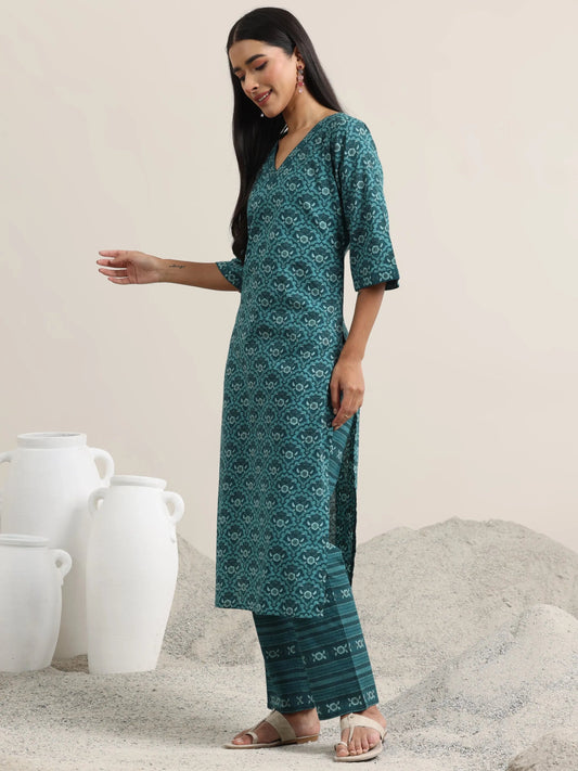 Teal Printed Cotton Straight Suit With Dupatta