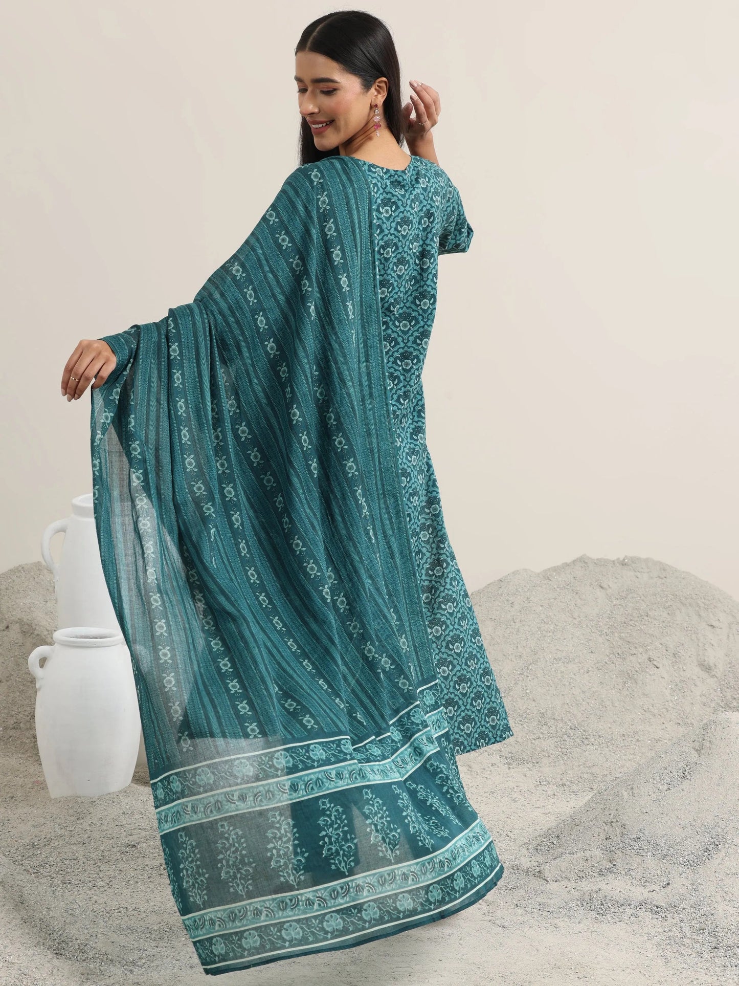 Teal Printed Cotton Straight Suit With Dupatta