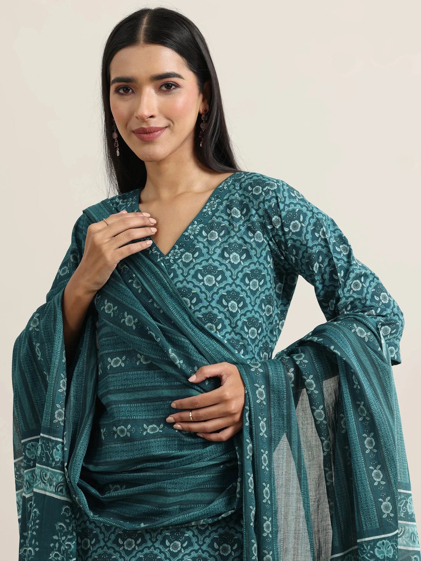 Teal Printed Cotton Straight Suit With Dupatta