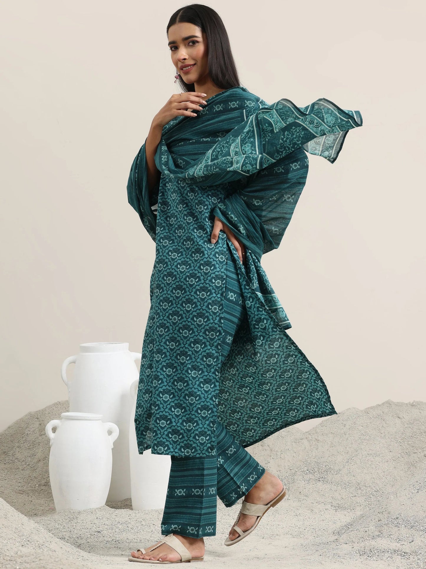 Teal Printed Cotton Straight Suit With Dupatta