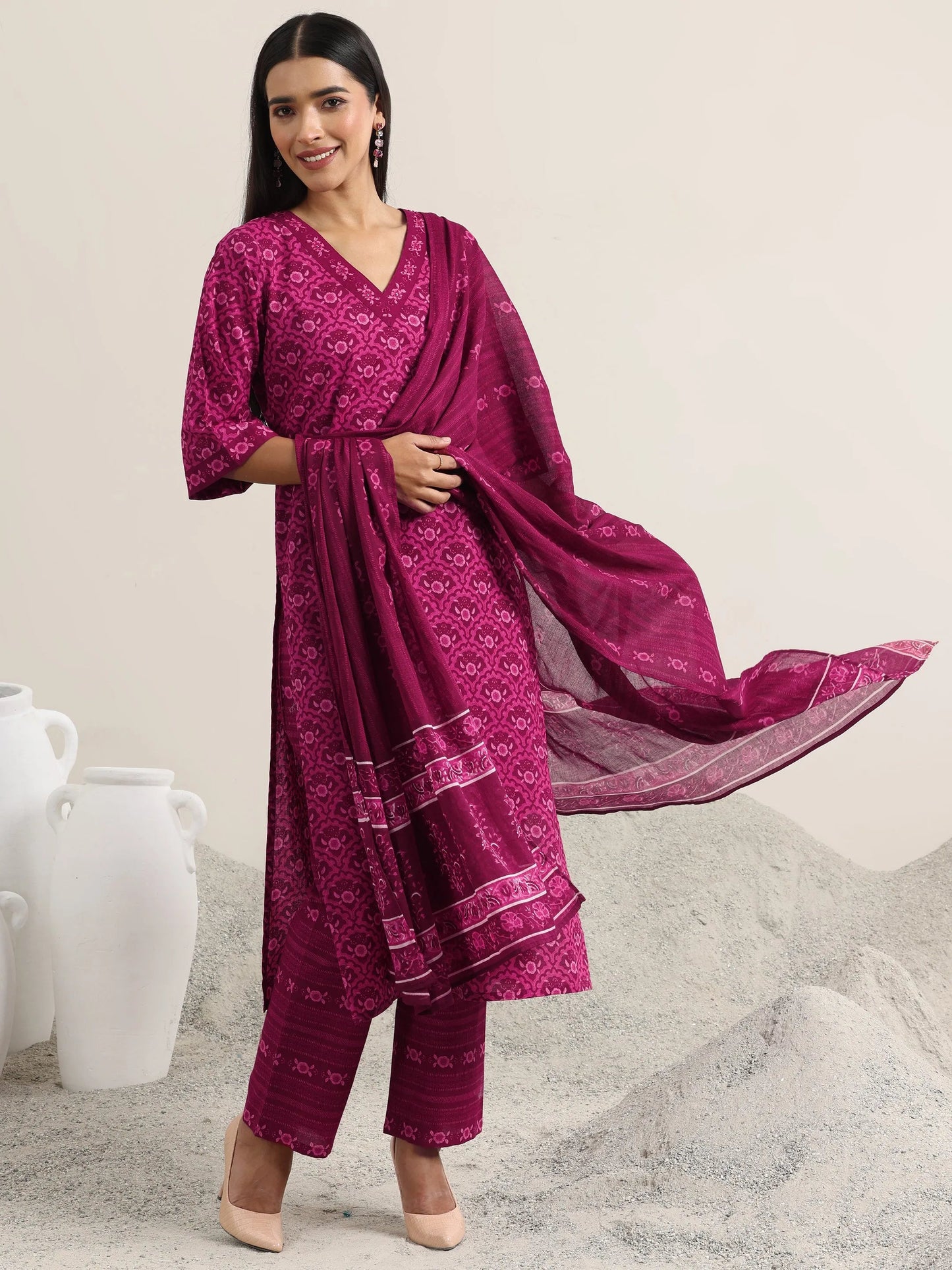 Burgundy Printed Cotton Straight Suit With Dupatta