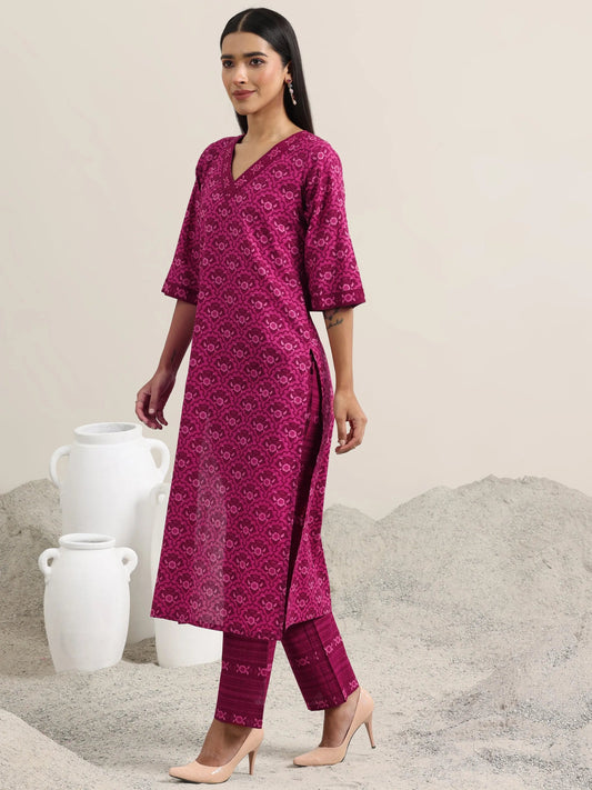 Burgundy Printed Cotton Straight Suit With Dupatta