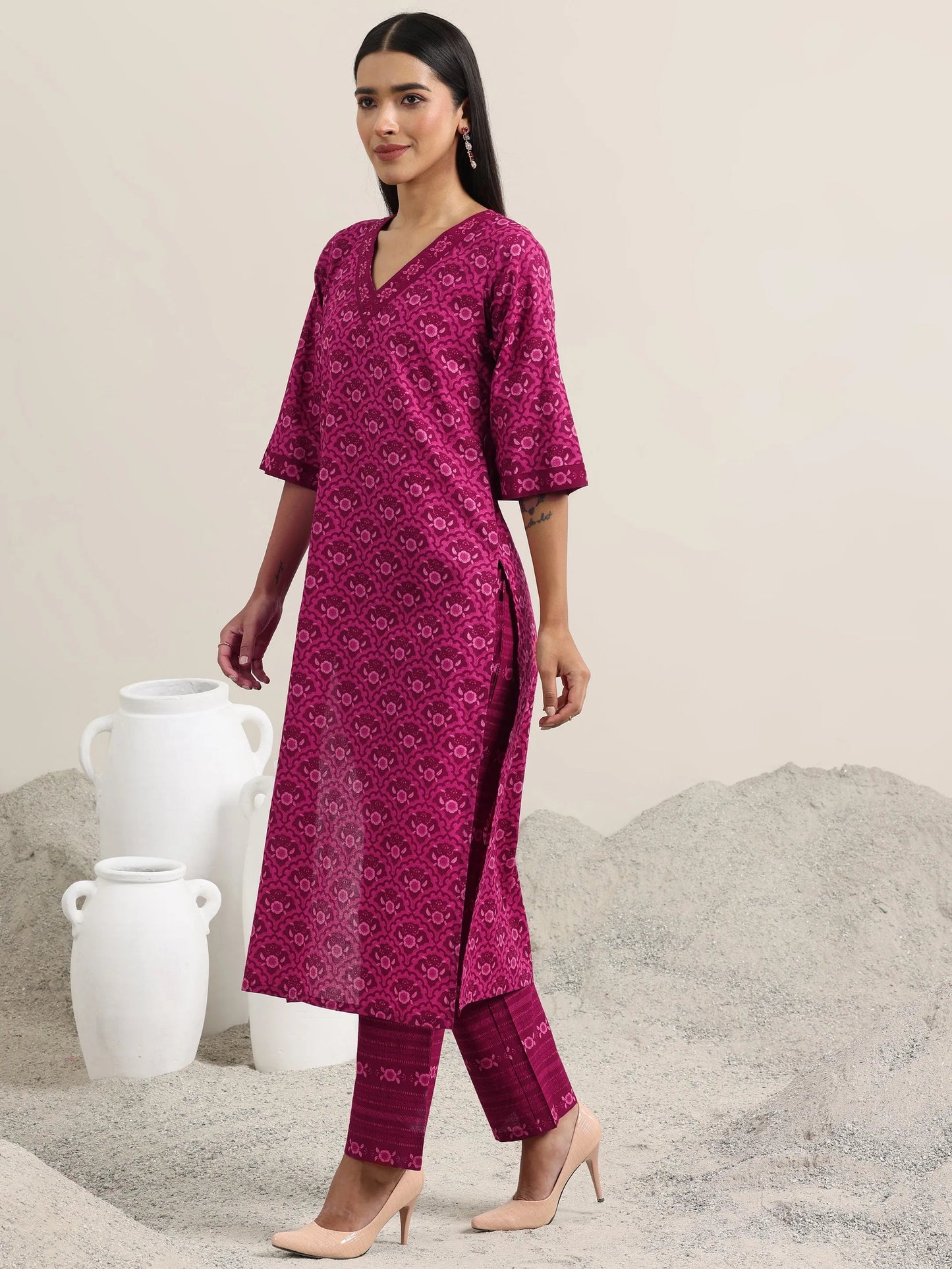Burgundy Printed Cotton Straight Suit With Dupatta