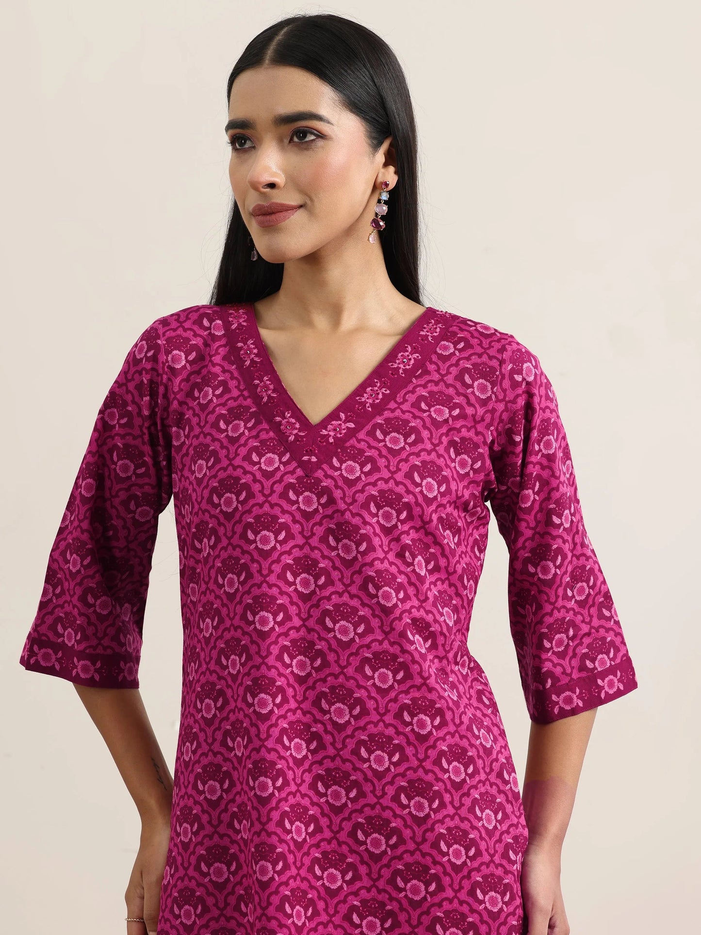 Burgundy Printed Cotton Straight Suit With Dupatta