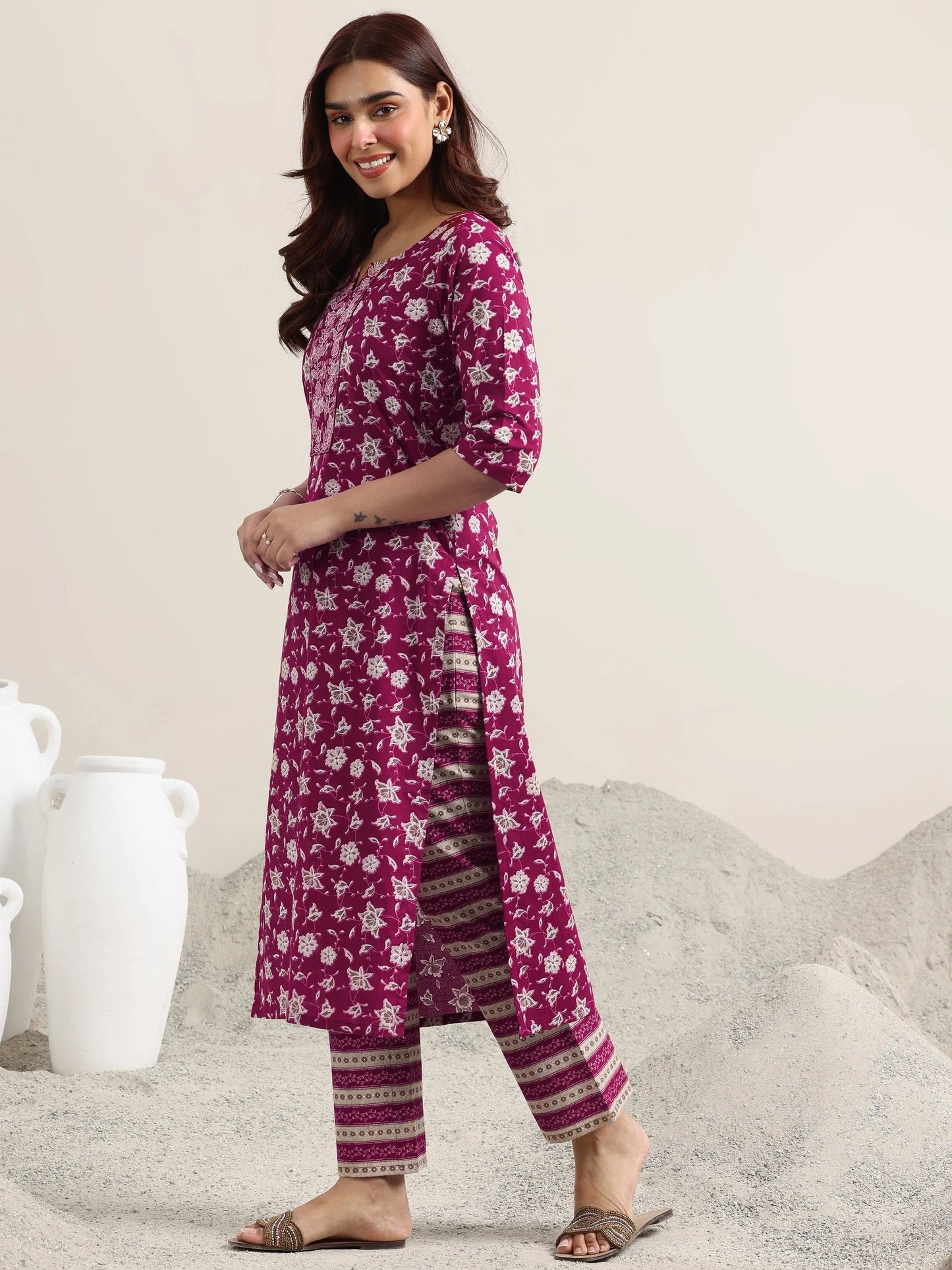 Burgundy Printed Cotton Straight Suit With Dupatta