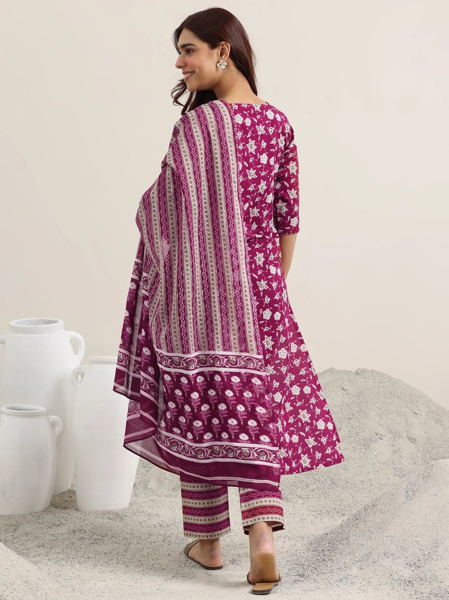 Burgundy Printed Cotton Straight Suit With Dupatta