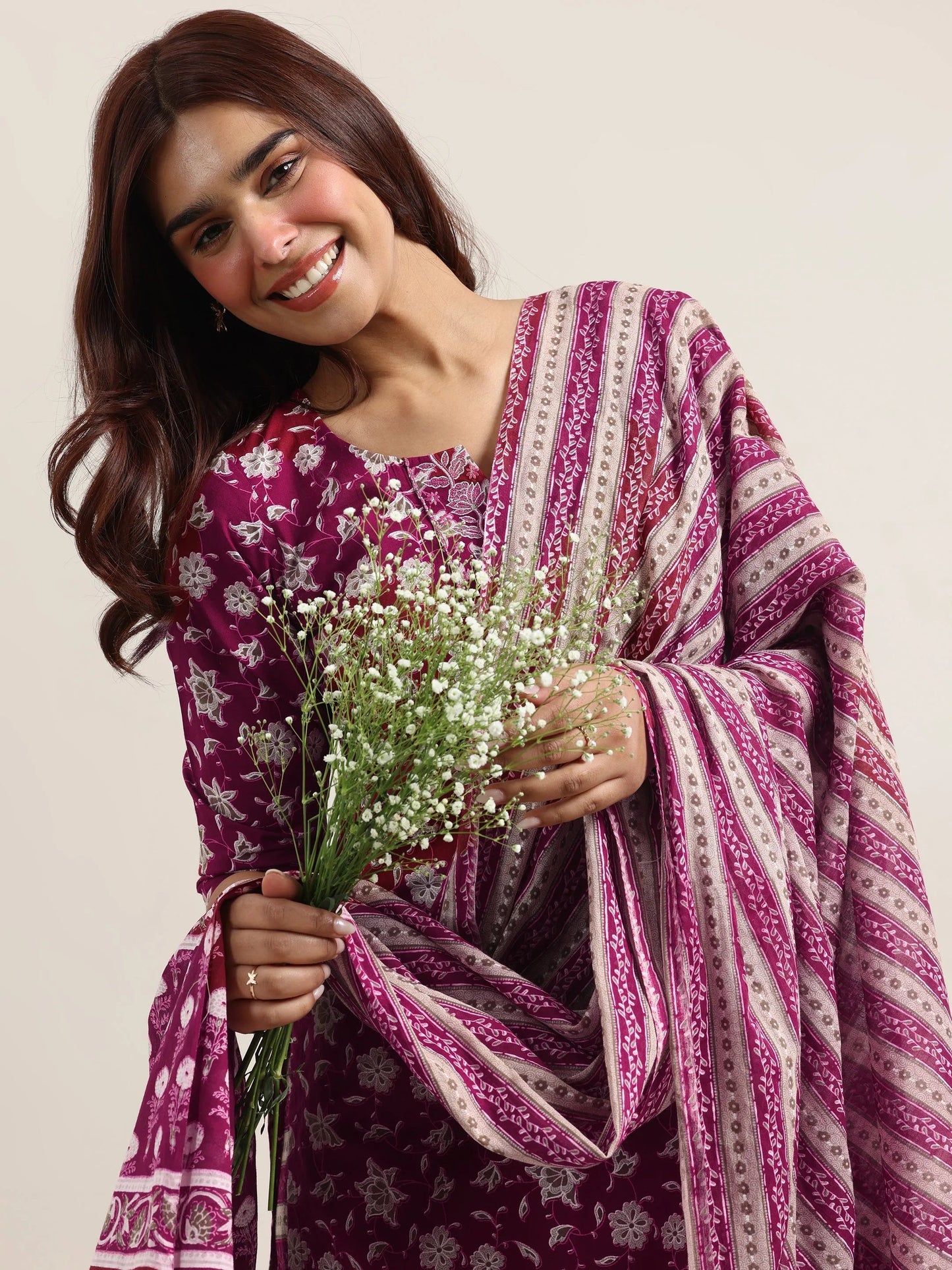 Burgundy Printed Cotton Straight Suit With Dupatta
