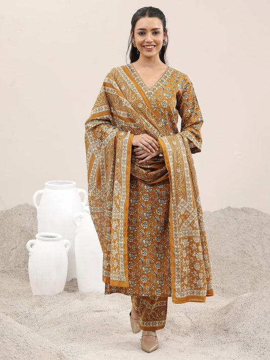Mustard Printed Cotton Straight Suit With Dupatta
