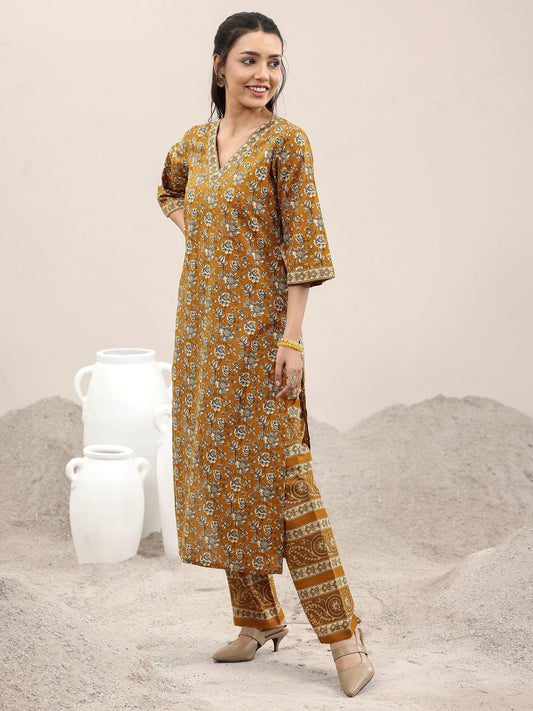 Mustard Printed Cotton Straight Suit With Dupatta