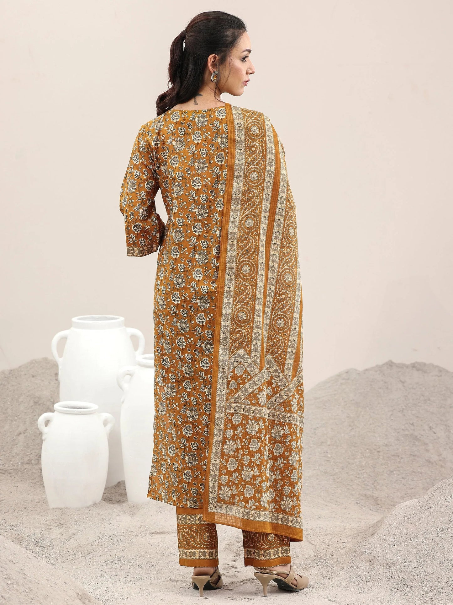 Mustard Printed Cotton Straight Suit With Dupatta