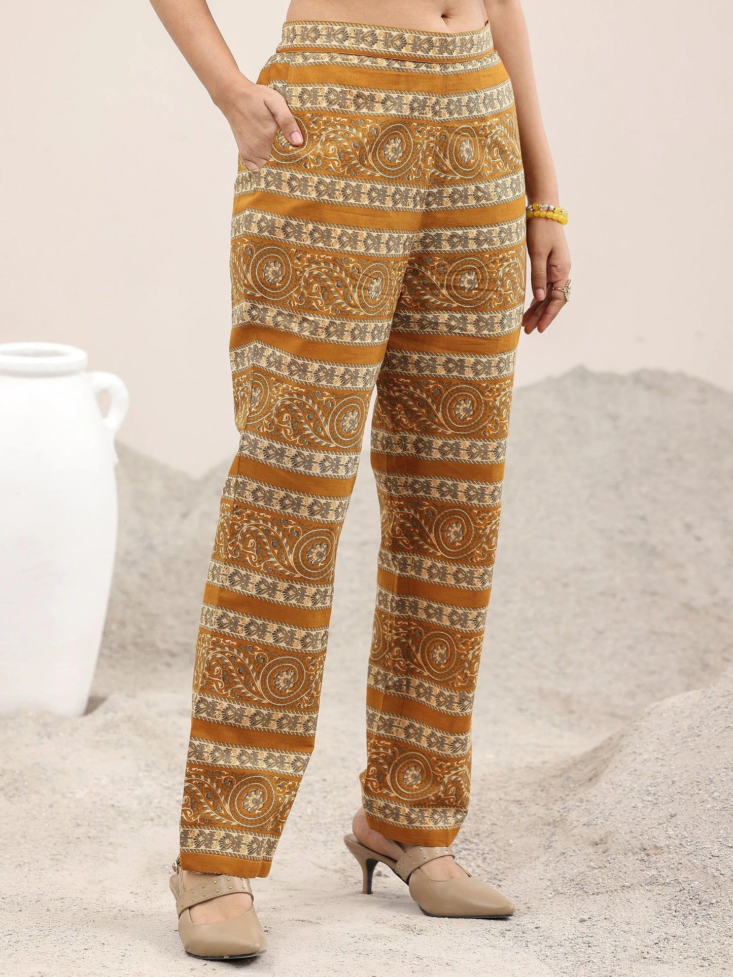 Mustard Printed Cotton Straight Suit With Dupatta