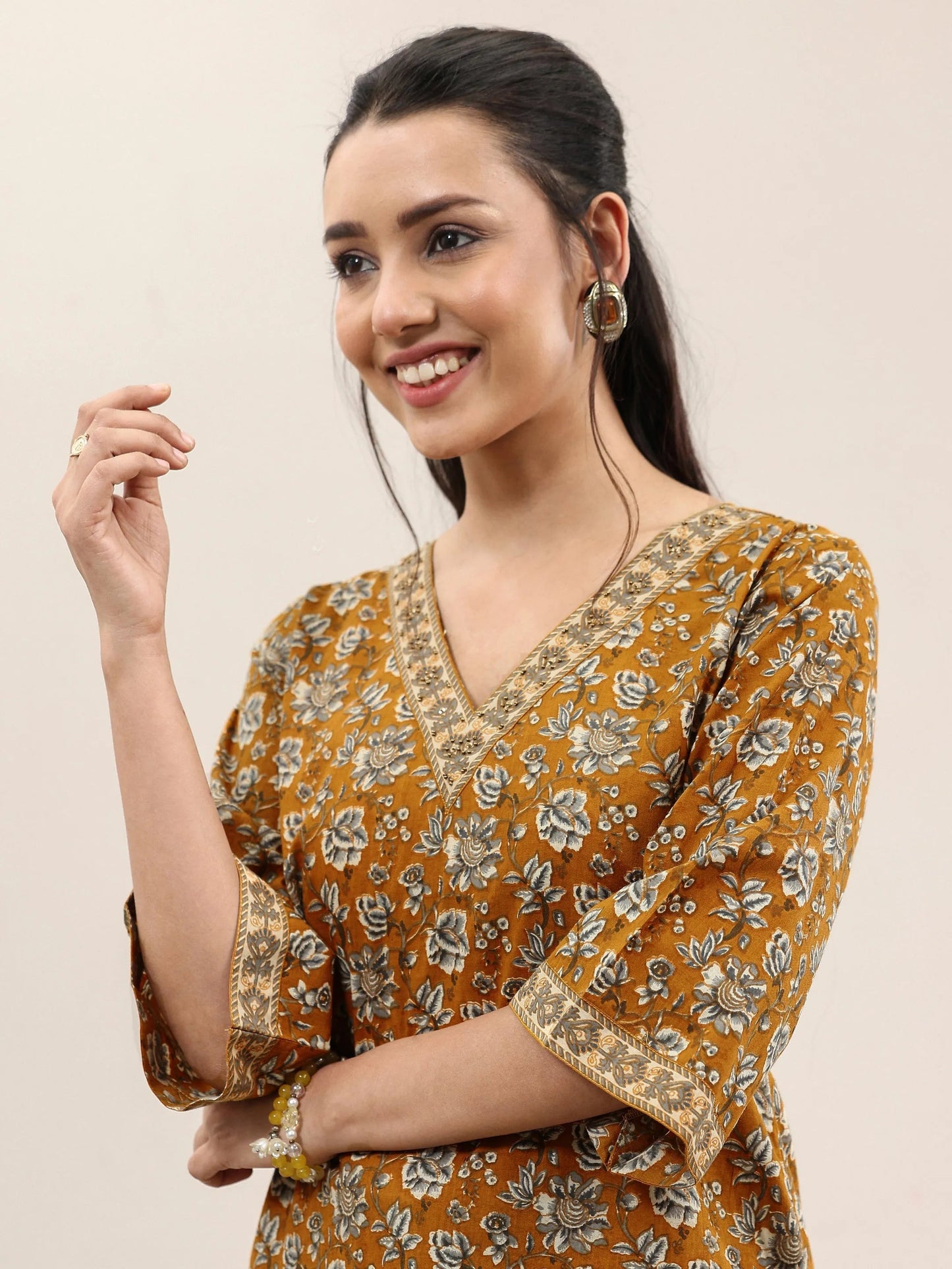 Mustard Printed Cotton Straight Suit With Dupatta