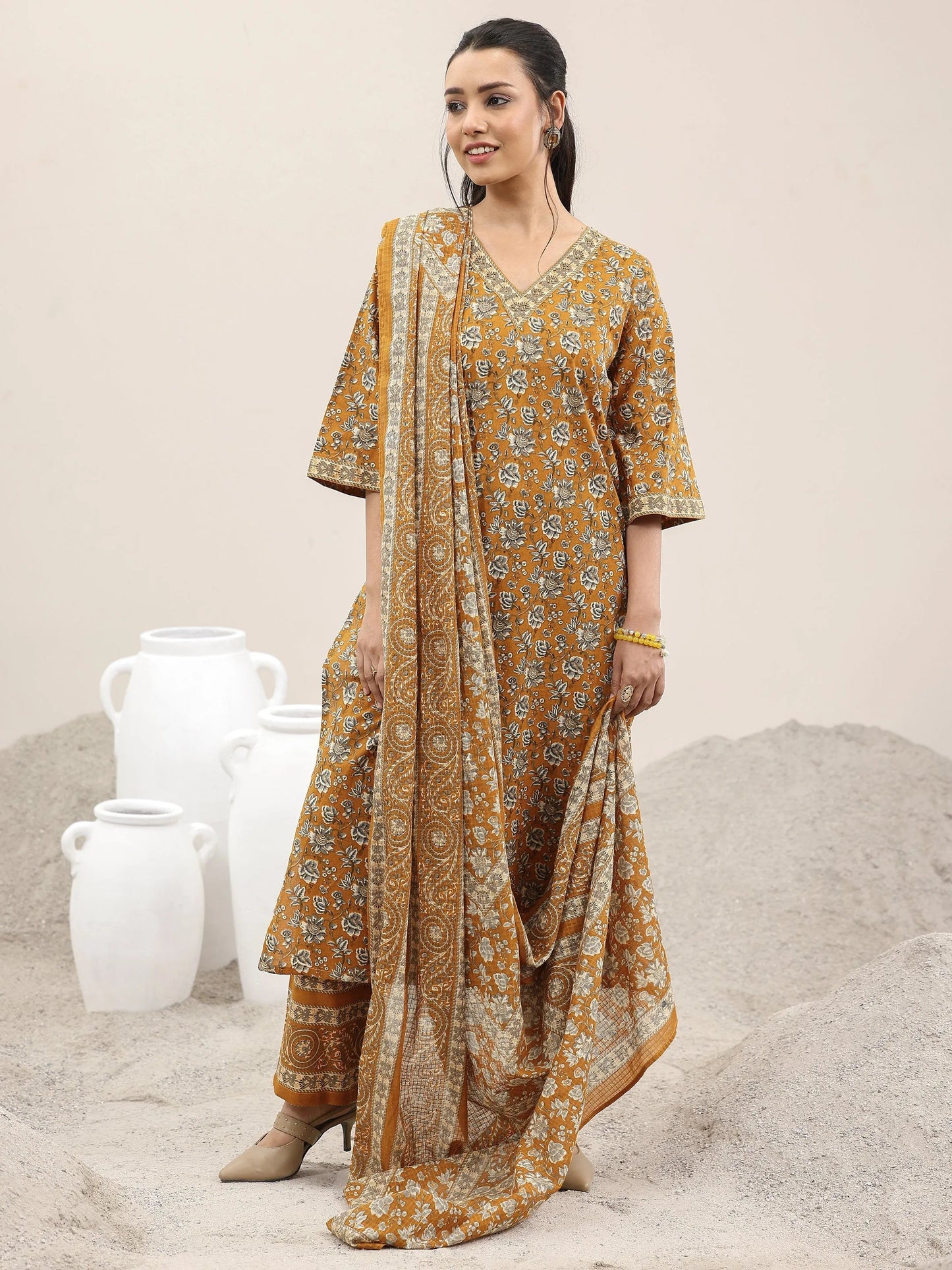 Mustard Printed Cotton Straight Suit With Dupatta