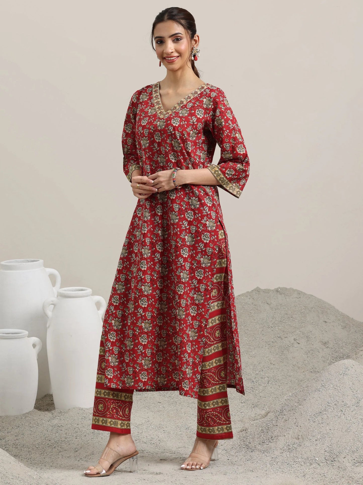 Red Printed Cotton Straight Suit With Dupatta