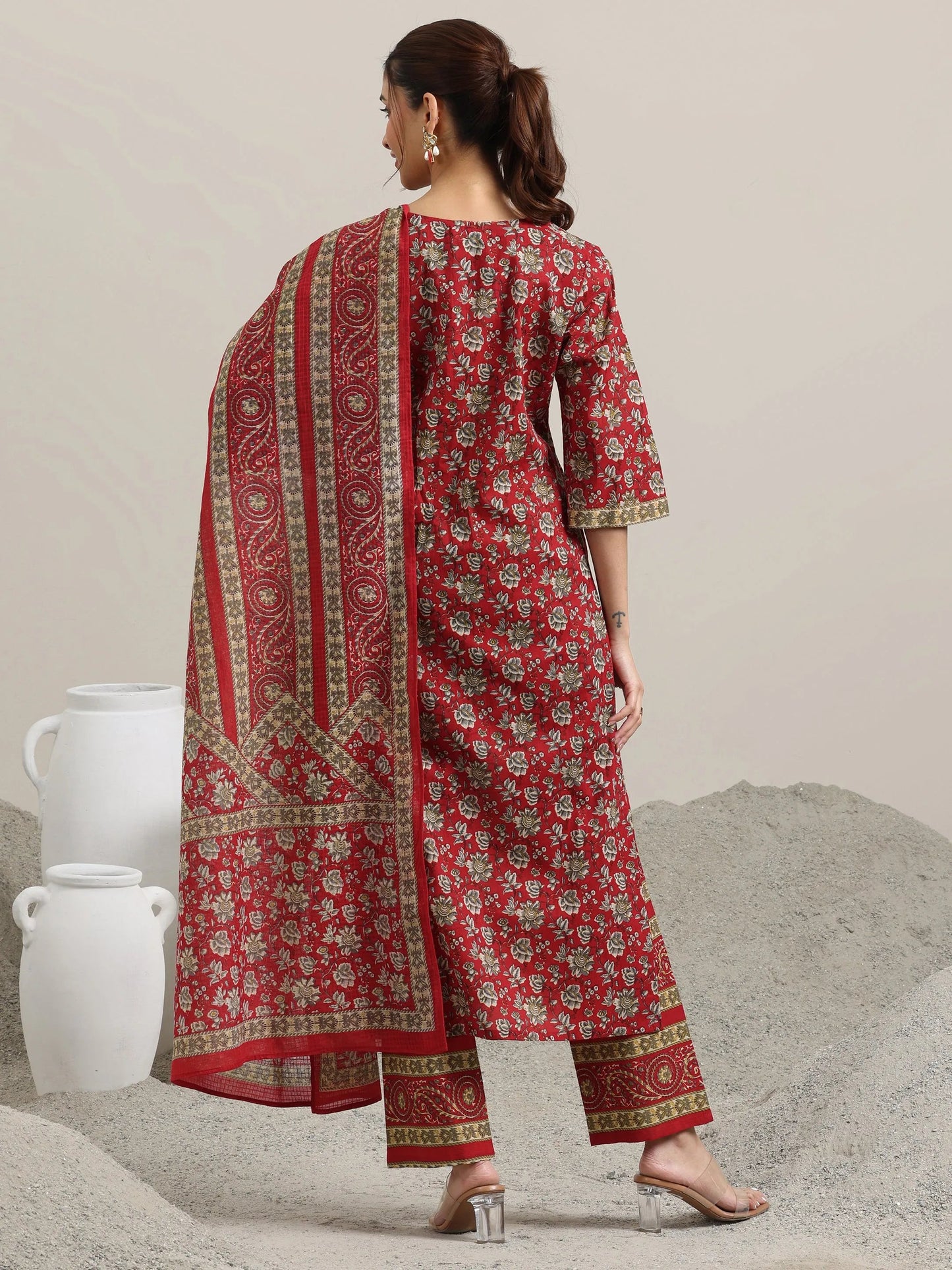 Red Printed Cotton Straight Suit With Dupatta