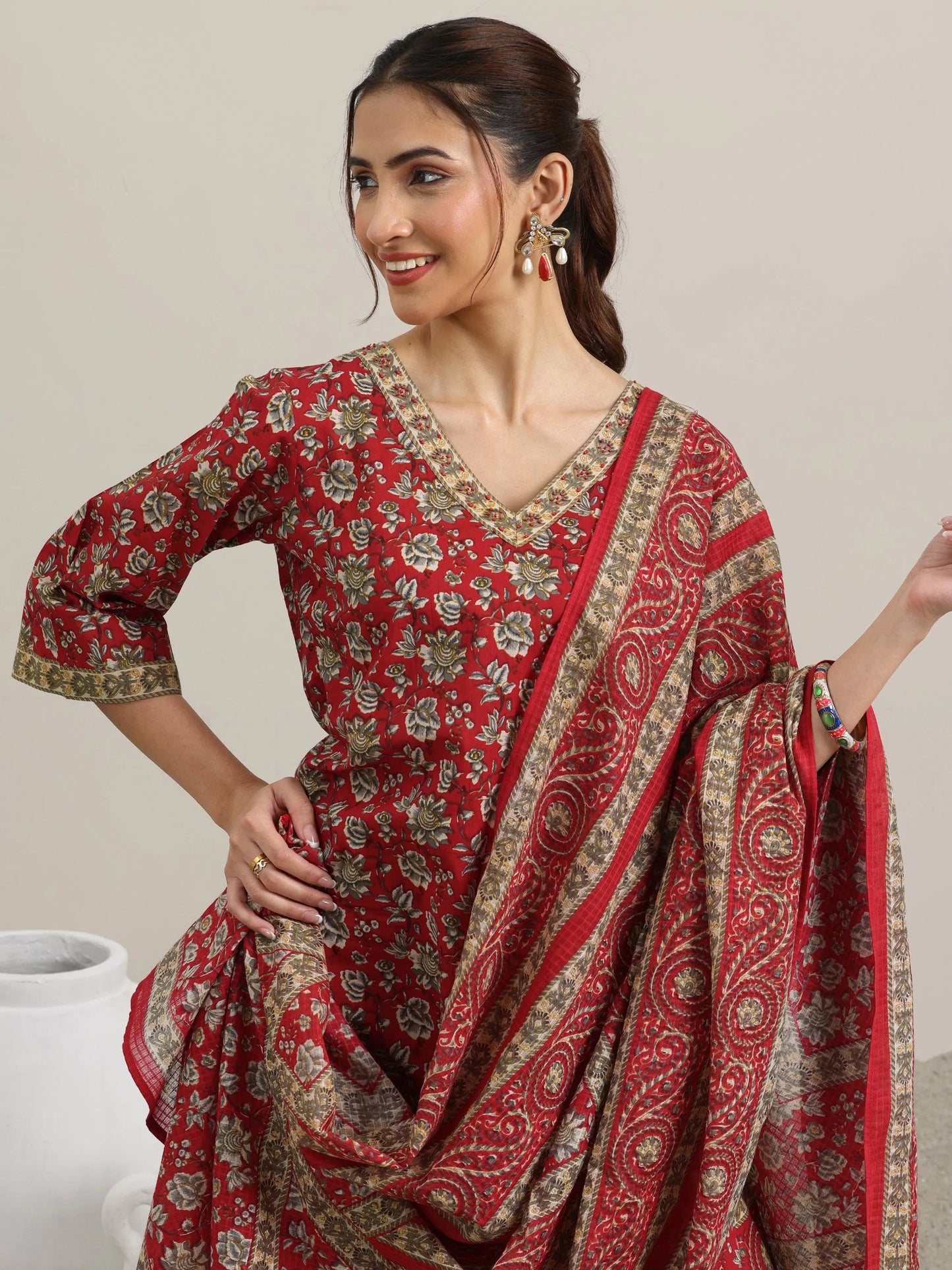 Red Printed Cotton Straight Suit With Dupatta