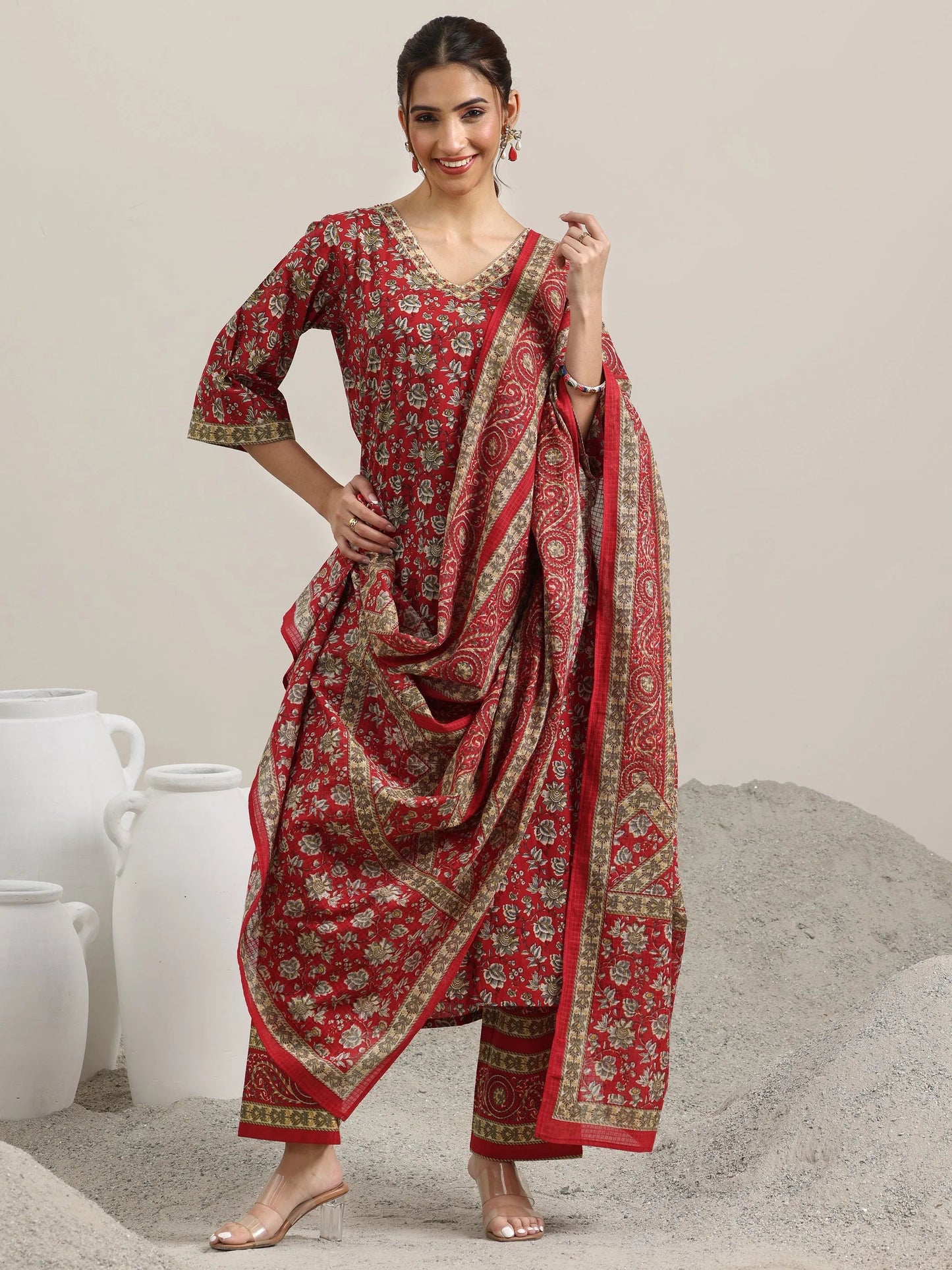 Red Printed Cotton Straight Suit With Dupatta