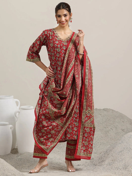 Red Printed Cotton Straight Suit With Dupatta