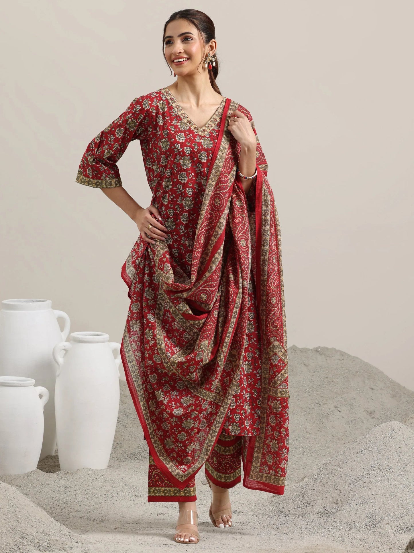 Red Printed Cotton Straight Suit With Dupatta