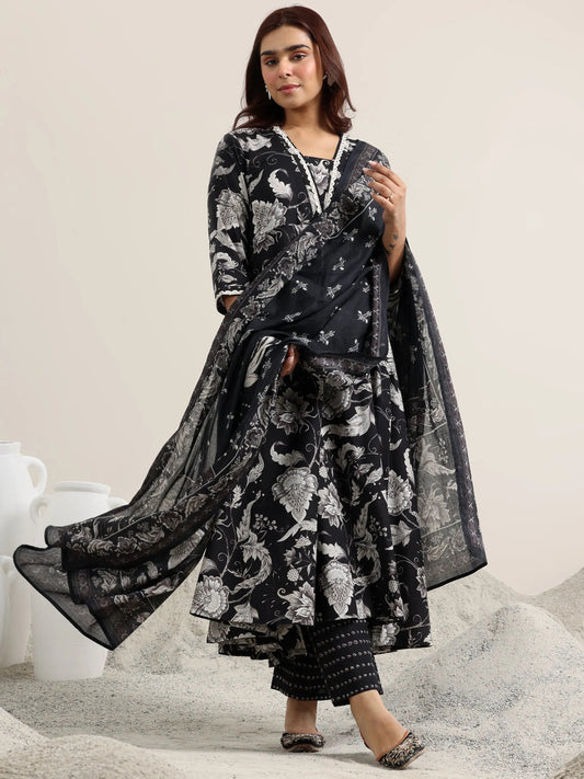 Black Printed Cotton Anarkali Suit With Dupatta