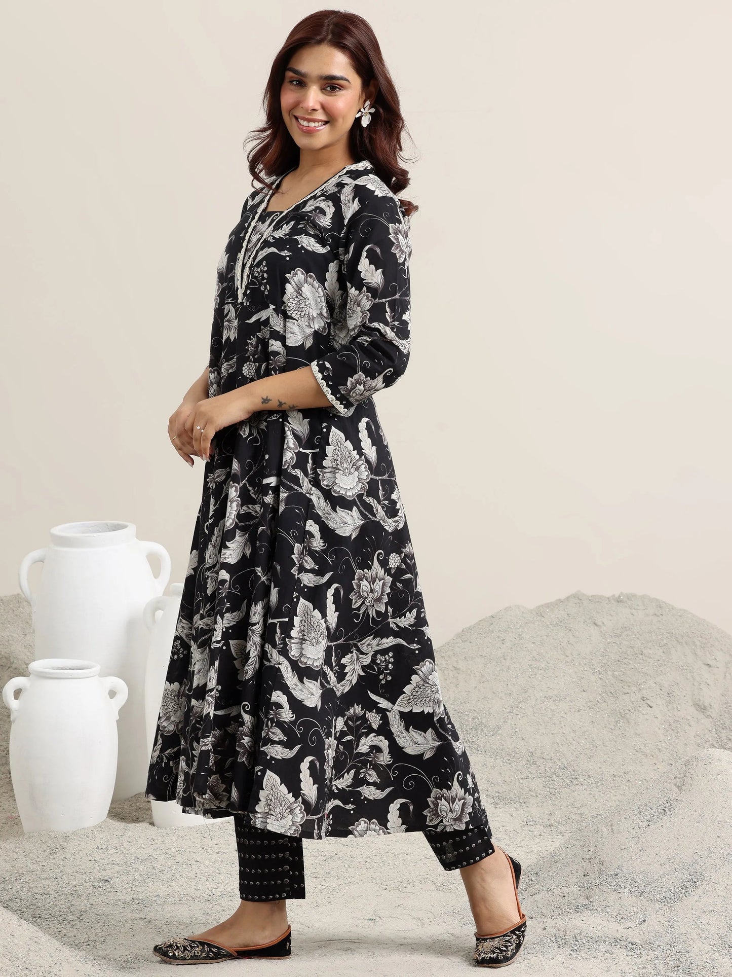 Black Printed Cotton Anarkali Suit With Dupatta