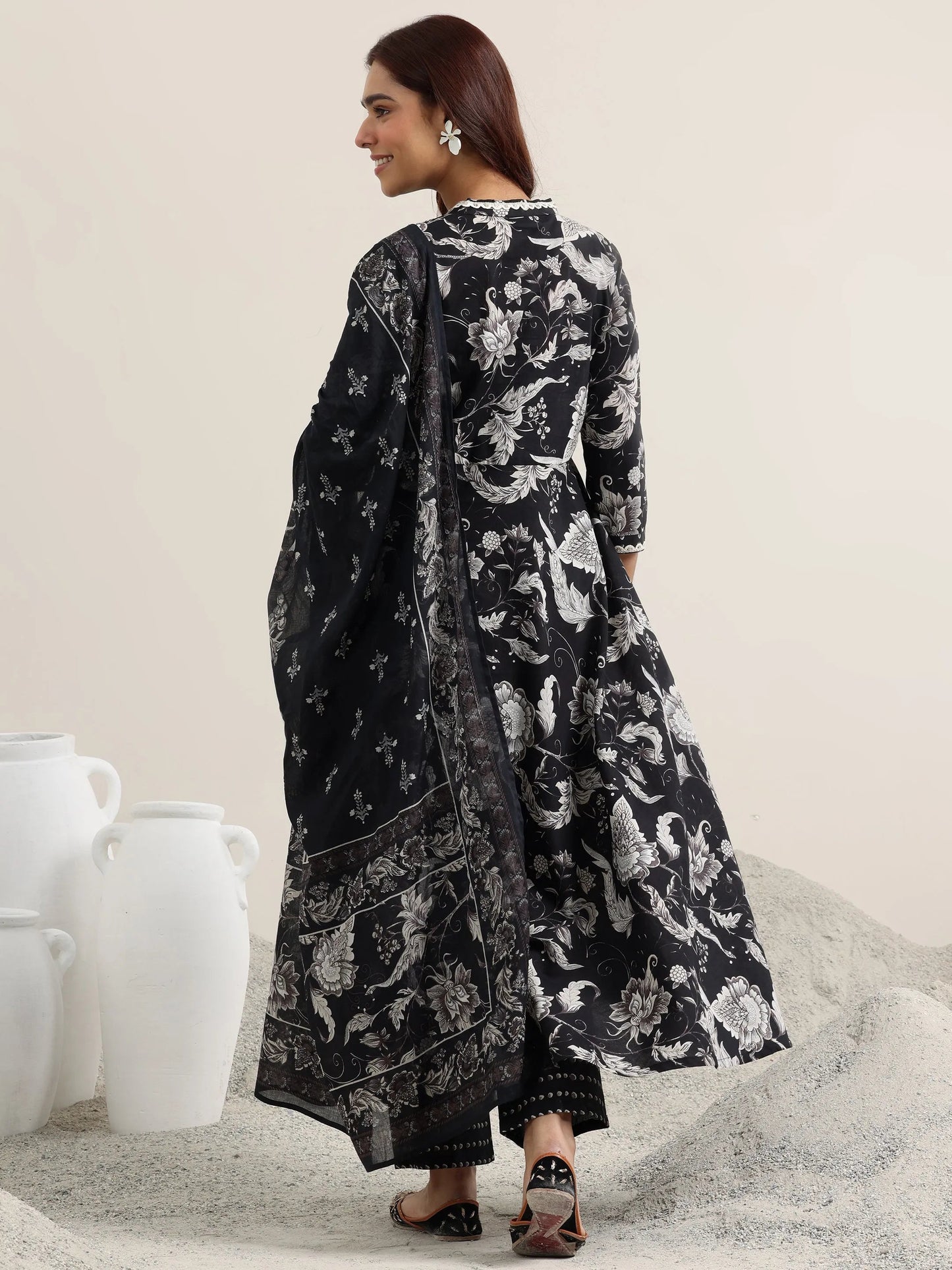 Black Printed Cotton Anarkali Suit With Dupatta