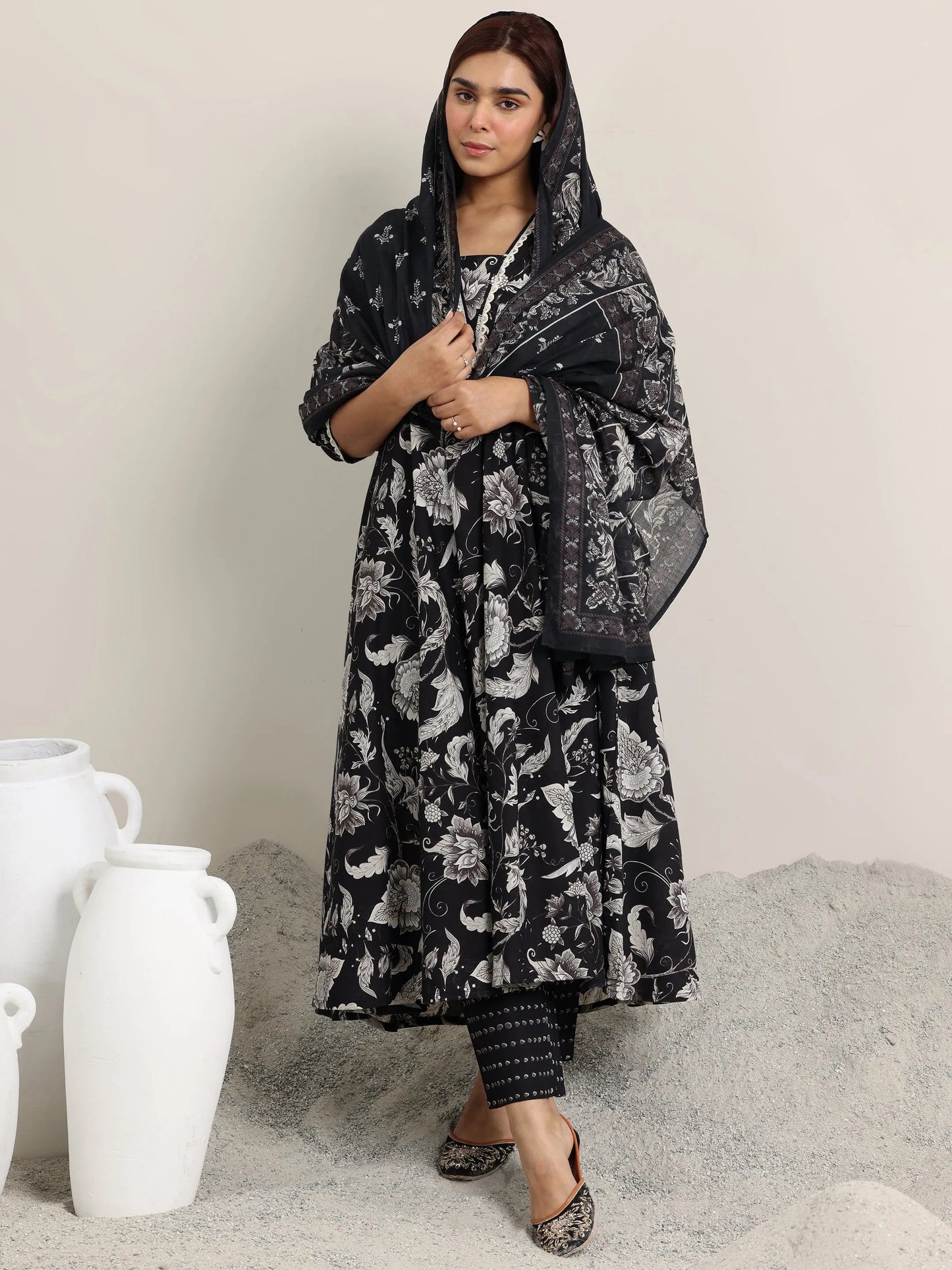 Black Printed Cotton Anarkali Suit With Dupatta